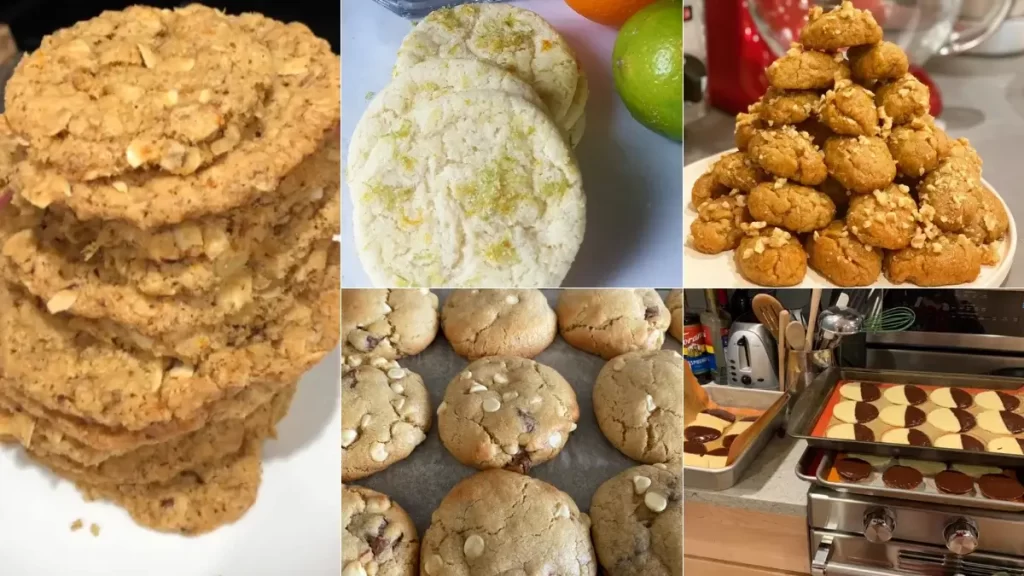 Assorted array of orange cookies: Classic Zest, Chocolate-Dipped, Vegan Almond, White Chocolate Chip, and Spiced Cinnamon Drizzle, beautifully arranged on a marble countertop with fresh orange segments and baking ingredients scattered around.