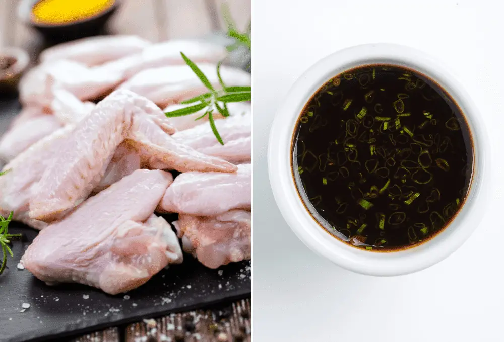 Golden chicken wings next to a bowl of glistening honey soy sauce.