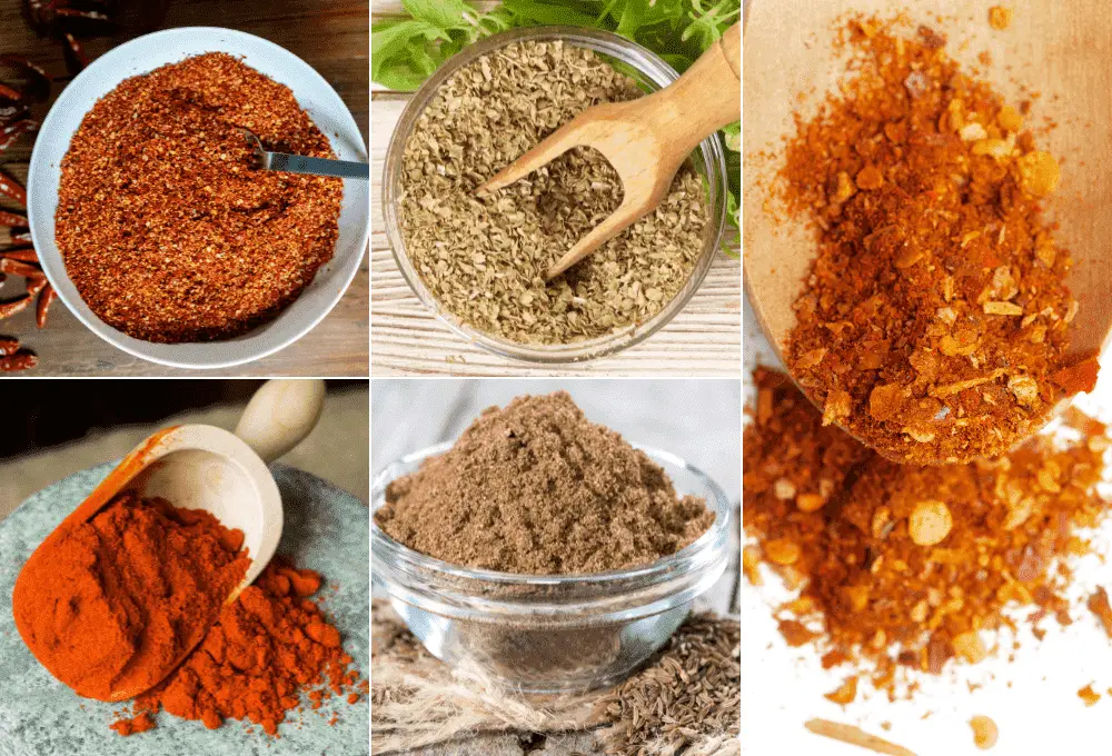 Array of spices and herbs, including chili powder, cumin, and paprika, neatly arranged, ready for the chicken taco seasoning mix.