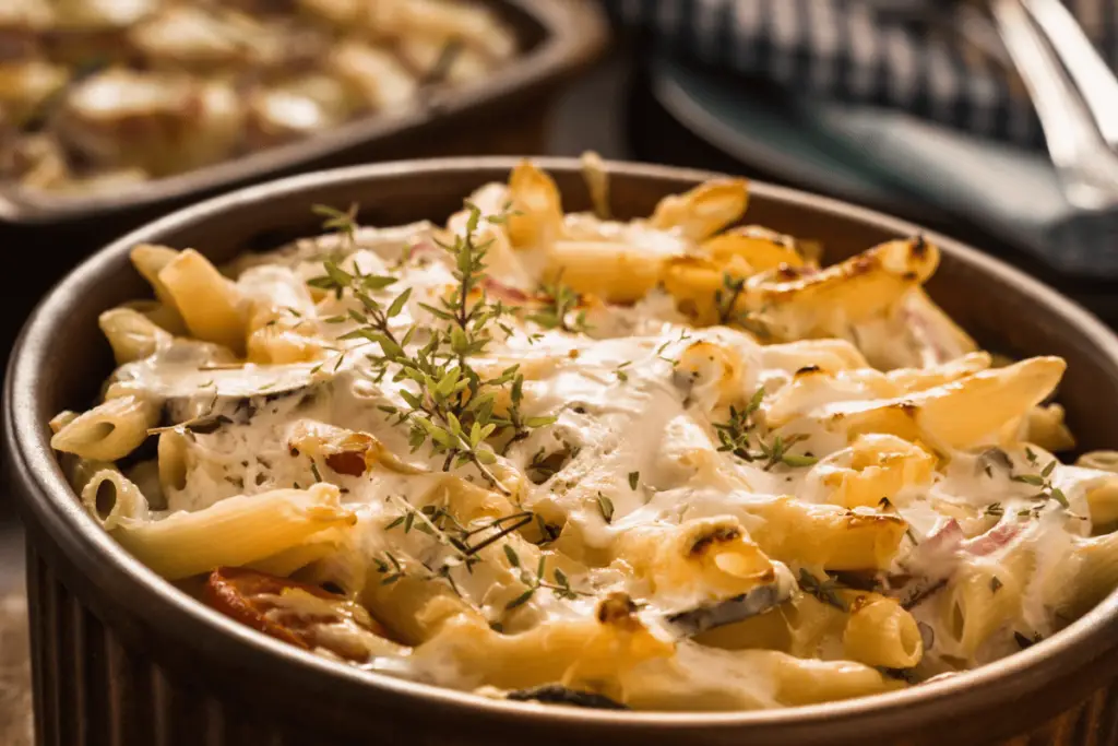 Deliciously baked Ziti, Eggplant, and Fontina Gratin with a golden brown cheese topping, served in a ceramic dish