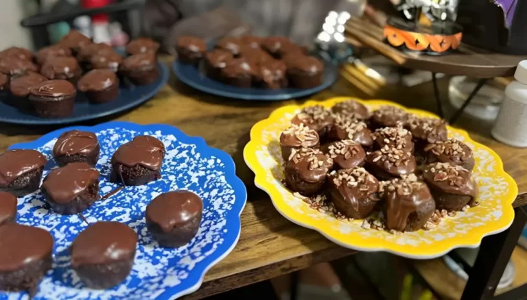 Delicious and easy-to-make Texas Sheet Cake Bites topped with creamy chocolate frosting, arranged neatly on a serving plate.