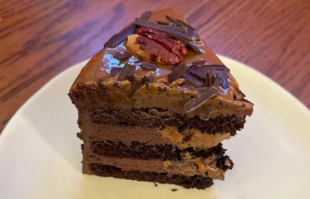 Delicious slice of Salted Caramel Chocolate Cake on a plate, topped with caramel drizzle.