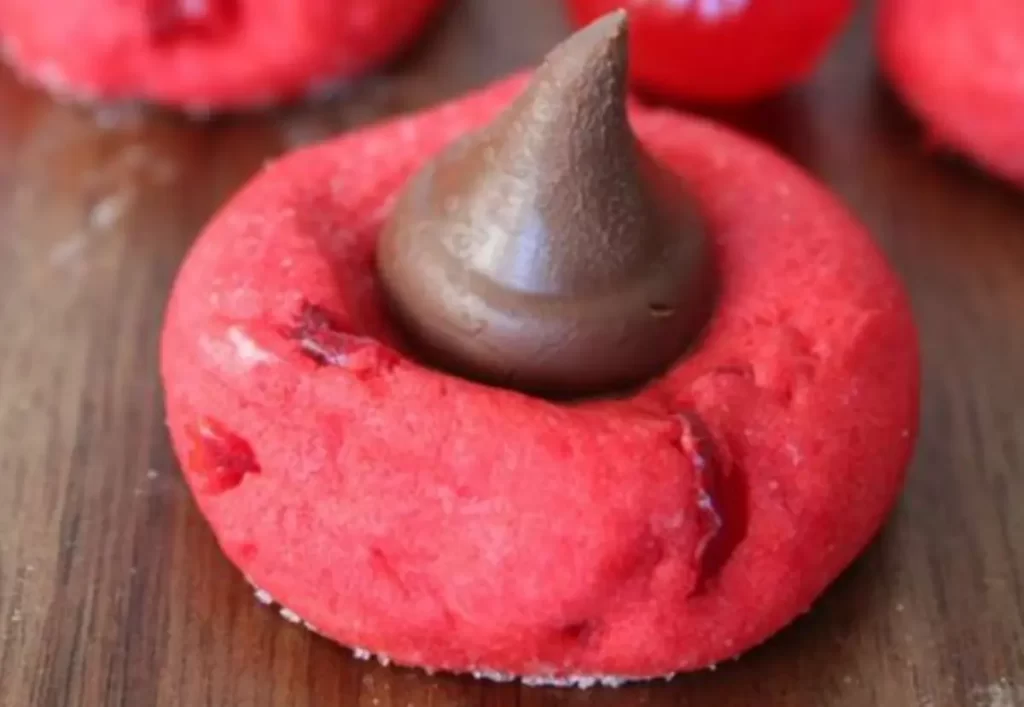 Delicious cherry blossom cookies with a Hershey kiss on top