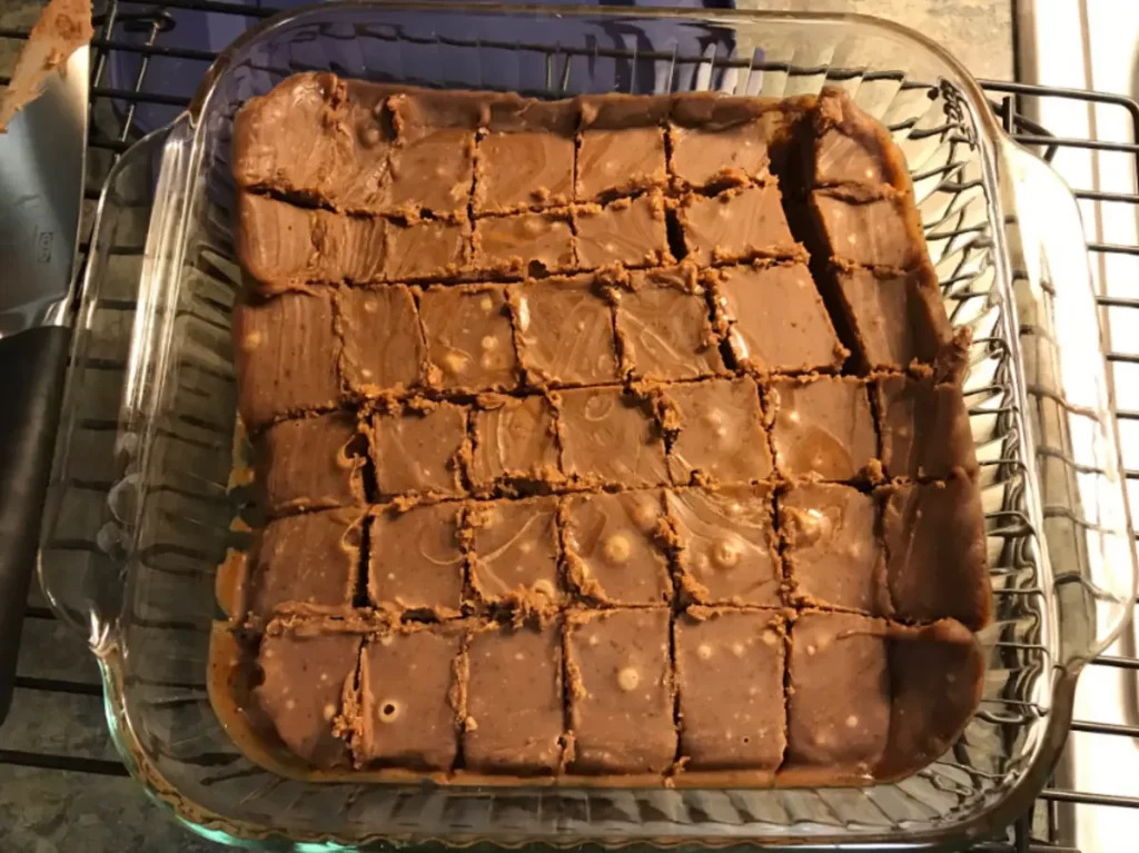 Delicious Old Fashioned Chocolate Fudge squares in a pan, garnished with cocoa powder.