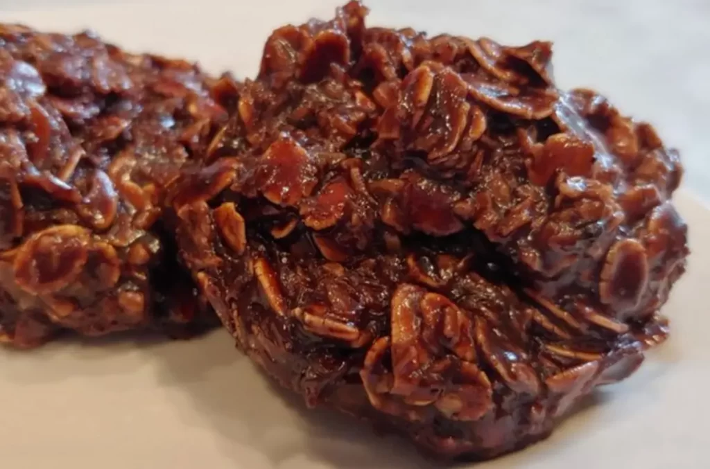 Close-up view of a No-Bake Chocolate Coconut Cookie, highlighting its rich texture and coconut flakes.