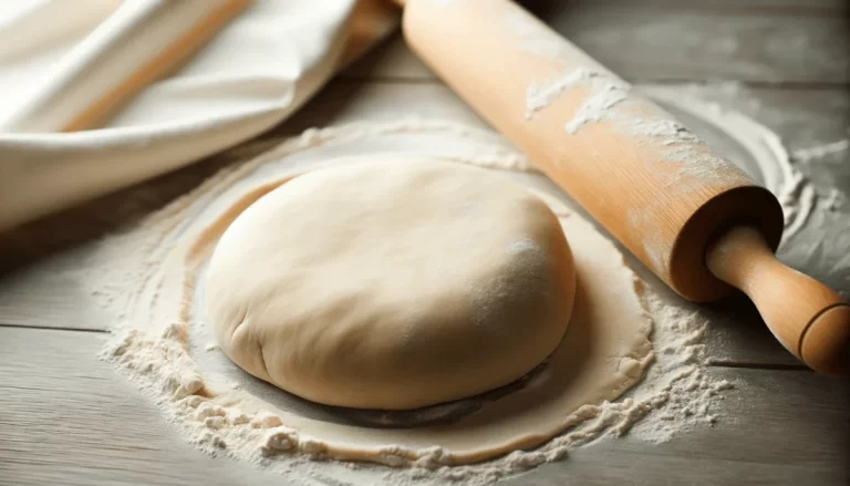 Freshly made pastry dough shaped into a disc, placed on a lightly floured surface with a rolling pin nearby, ready for baking delicious treats.