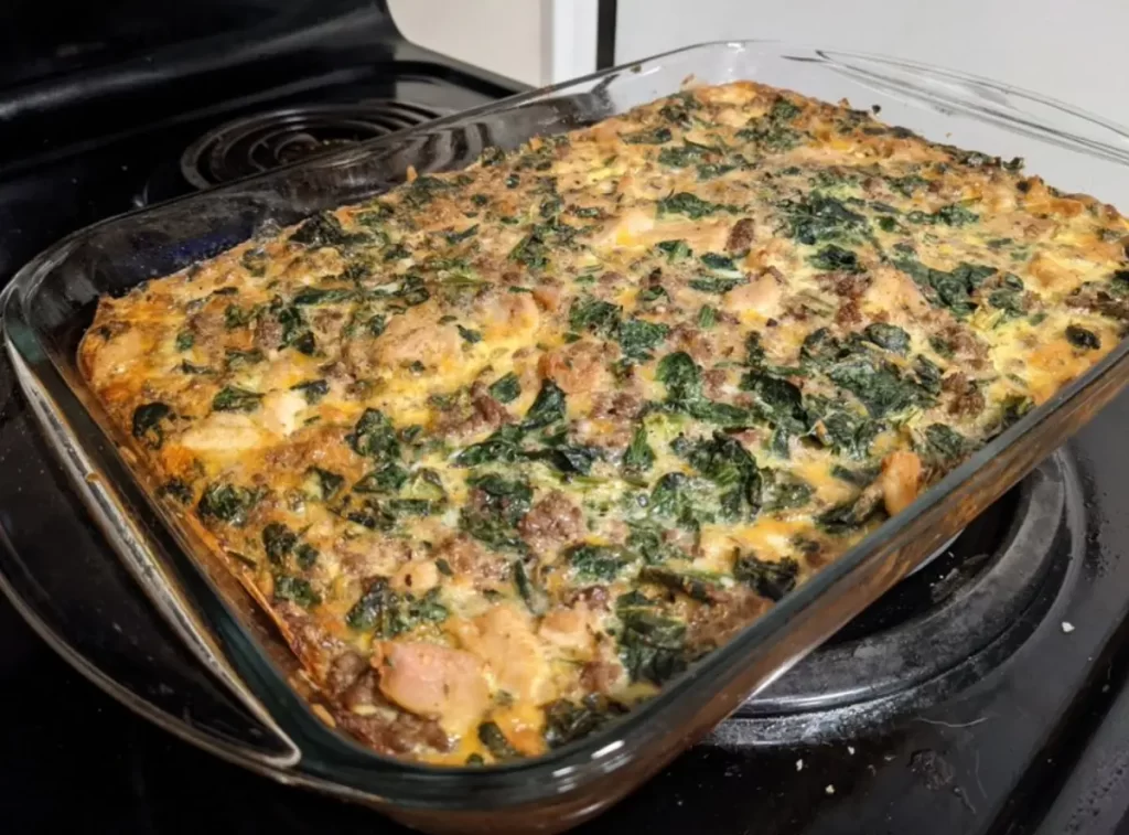 A delicious Cheesy Spinach Beef Casserole with melted jack cheese, ground beef, fresh mushrooms, and spinach in a baking dish.