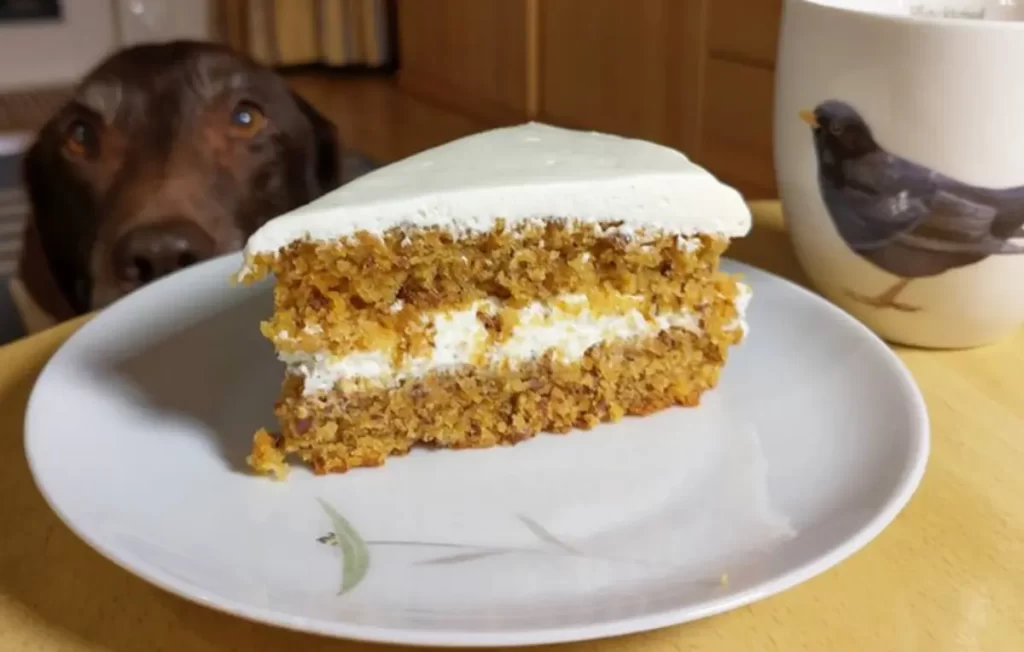 A slice of homemade Easy Carrot Cake topped with creamy icing, garnished with chopped walnuts, served on a white plate.