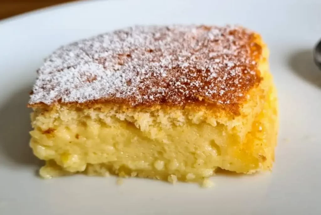 A slice of Lemon Custard Magic Cake on a plate, showcasing its three distinct layers: dense base, creamy custard, and fluffy cake.