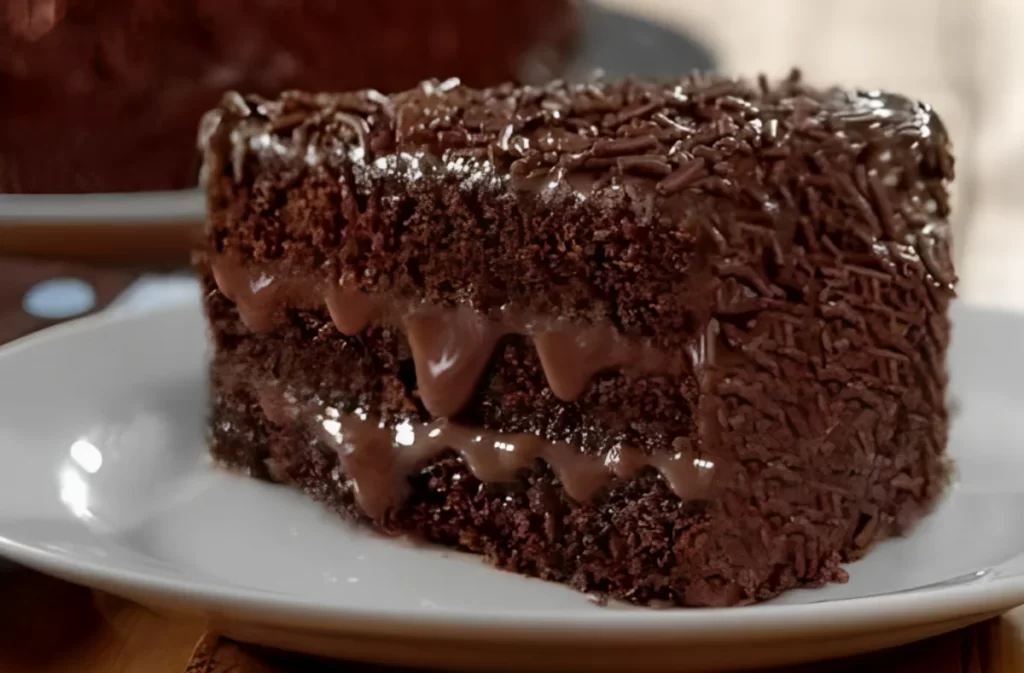 A delectable slice of Delicious Chocolate Cake, showcasing layers of moist chocolate sponge and rich, creamy chocolate filling, topped with a generous sprinkle of chocolate sprinkles, served on a white plate.