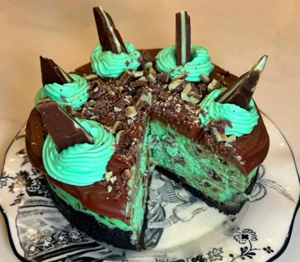 Mint chocolate chip cheesecake with Oreo crust, garnished with whipped cream and chocolate.