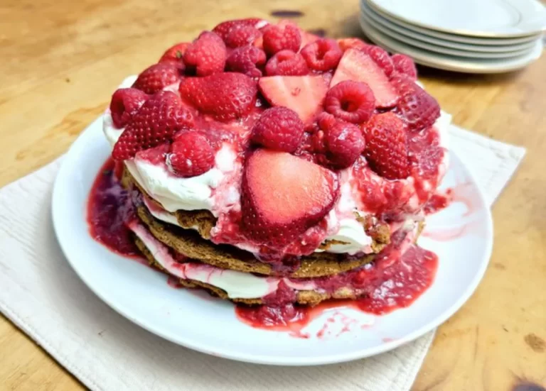 An elegant Meringue Strawberry and Raspberry Rose Cream Cake, beautifully layered with fluffy meringue discs, vibrant red strawberries and raspberries, and luscious rose cream. The cake is adorned with a glossy strawberry glaze drizzled on top, creating a visually stunning and appetizing dessert.