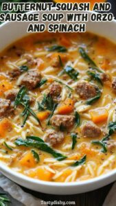 Warm up with this delicious Butternut Squash and Sausage Soup with Orzo and Spinach! Packed with nutrients from vibrant butternut squash and greens, it's hearty and flavorful. Perfect for cozy meals! Save this recipe now and try it today for a comforting dinner!