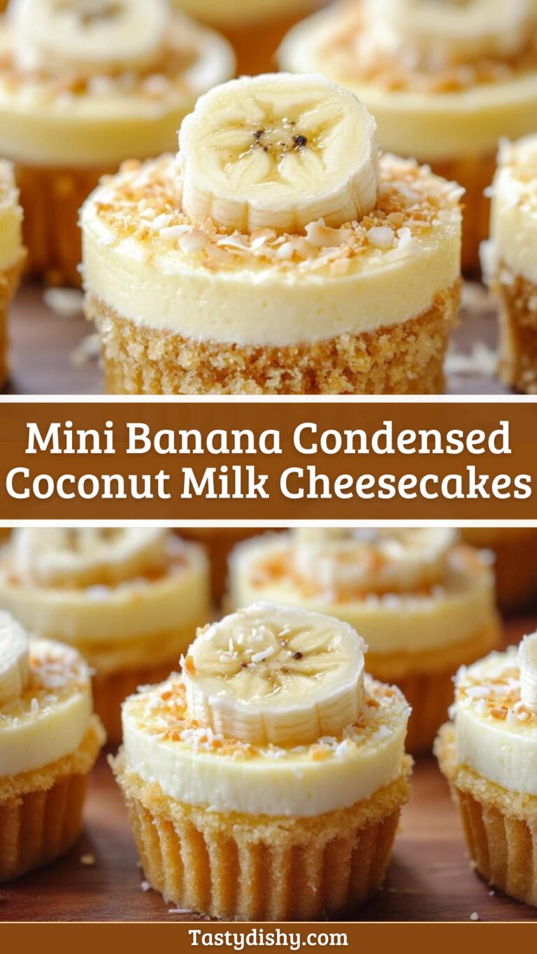 Indulge in these delicious Mini Banana Condensed Coconut Milk Cheesecakes that are creamy, sweet, and incredibly easy to make! Perfect for satisfying your dessert cravings, these mini treats combine the rich flavor of bananas with the tropical touch of coconut milk. Ideal for parties or a sweet snack, these cheesecakes are sure to impress your friends and family. Give them a try and elevate your dessert game today! Don't forget to save this pin for later!