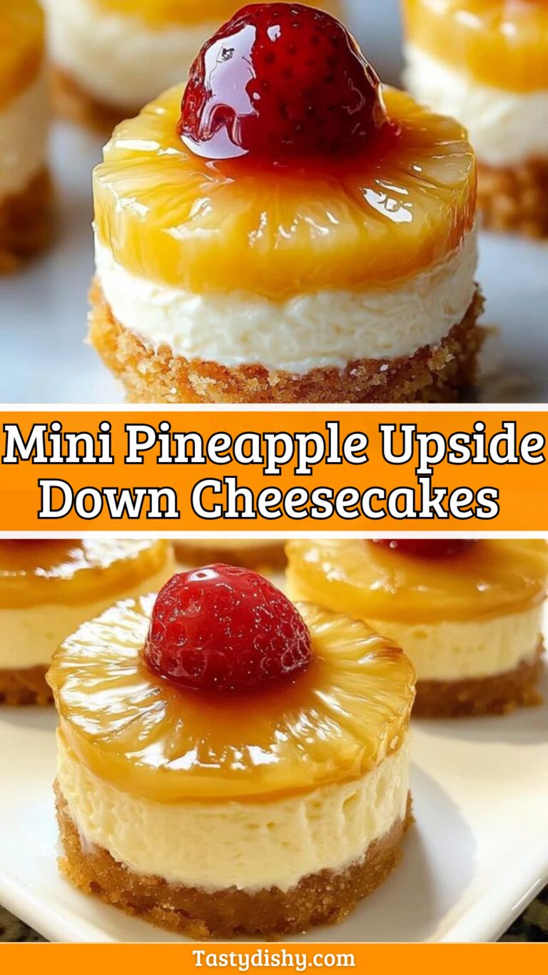 Indulge in these delightful Mini Pineapple Upside Down Cheesecakes! Perfect for any occasion, these bite-sized desserts combine a creamy cheesecake filling with a caramelized pineapple topping. They’re easy to make and sure to impress your guests! Try this fun twist on a classic dessert that’s both tasty and visually stunning. Save this pin and make your dessert table shine! 🍍✨