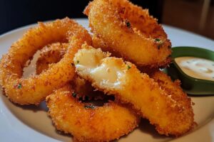 Try these Quick and Crispy Mozzarella Stick Onion Rings for a tasty snack! Crunchy onion rings filled with gooey mozzarella cheese make the perfect appetizer or party treat. Easy to make and so delicious—everyone will love them! Give this fun recipe a try!